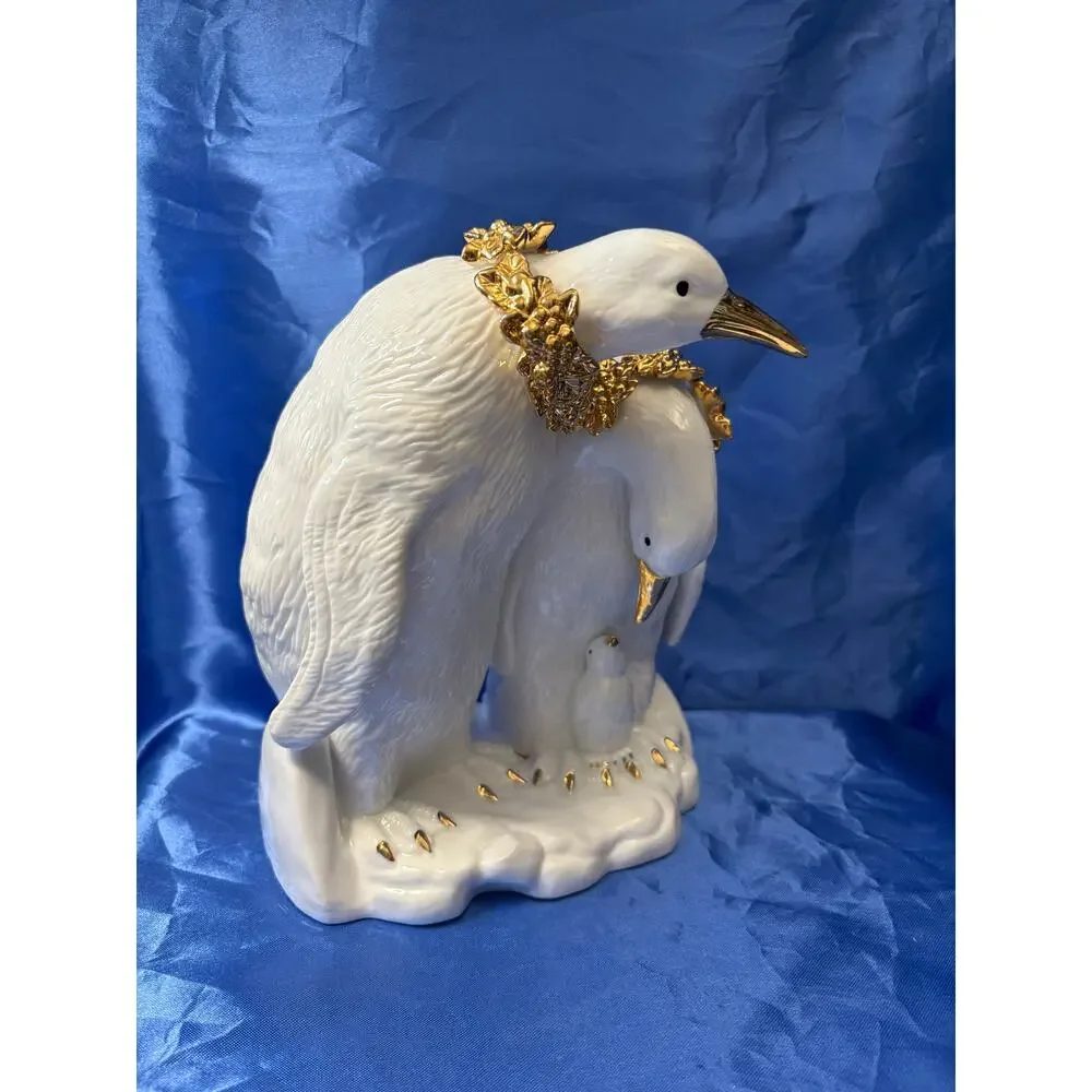 Large Porcelain White with Gold Trim Penguin Family Sculpture Figurine